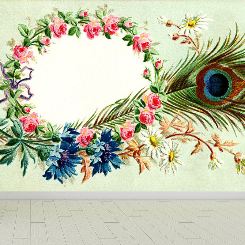 Illustration Style Wreath Mural Decal for Dining Room, Green, Custom Size Available