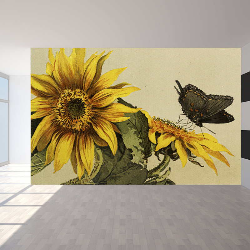 Large Sunflower and Butterfly Mural Contemporary Florentine Scene Wall Decor in Brown