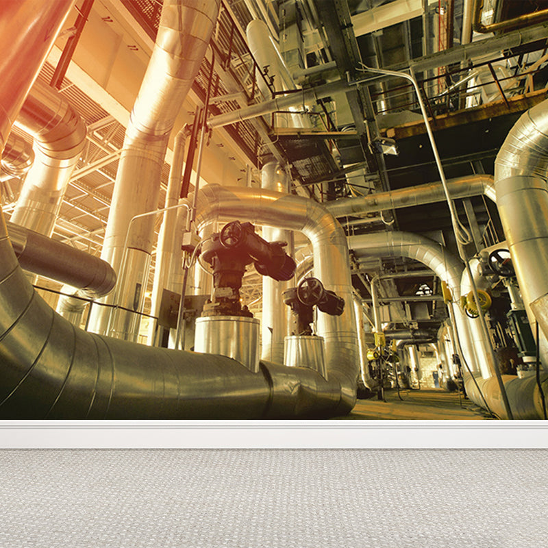 Yellow Industrial Machinery Wall Mural Moisture Resistant Wall Covering for Dining Room