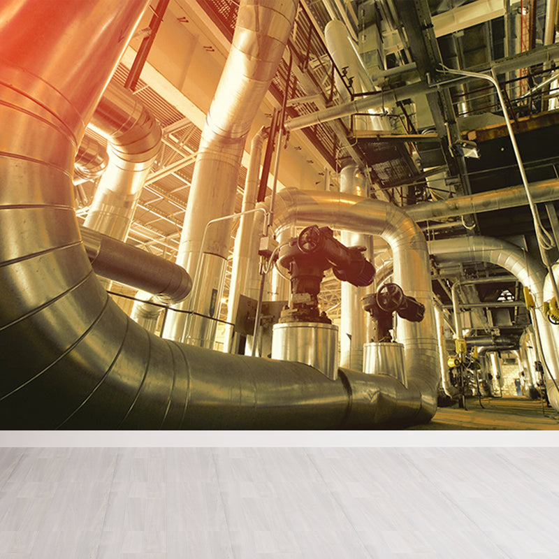 Yellow Industrial Machinery Wall Mural Moisture Resistant Wall Covering for Dining Room