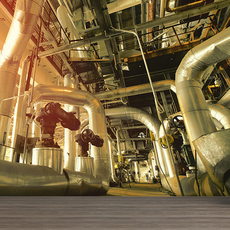 Yellow Industrial Machinery Wall Mural Moisture Resistant Wall Covering for Dining Room