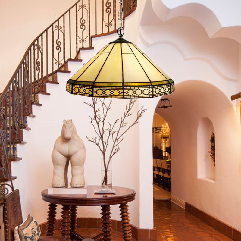 Cone Hanging Light Fixture Mission Cut Glass 8"/12"/16" W 1 Light Antique Brass Suspension Pendant for Living Room