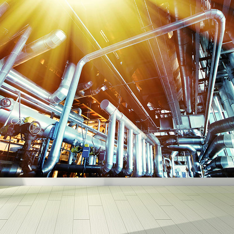 Yellow Industrial Machinery Wall Mural Moisture Resistant Wall Covering for Dining Room