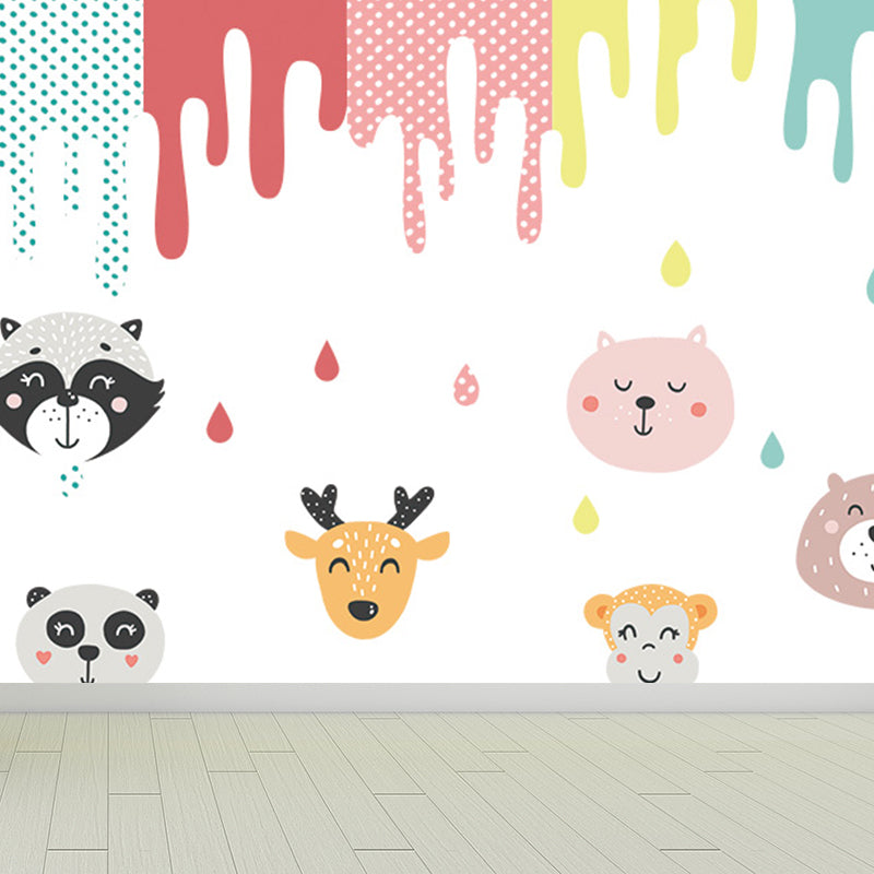 Kawaii Animal Wall Paper Mural for Children Bedroom Hand Printed Wall Art, Custom Size