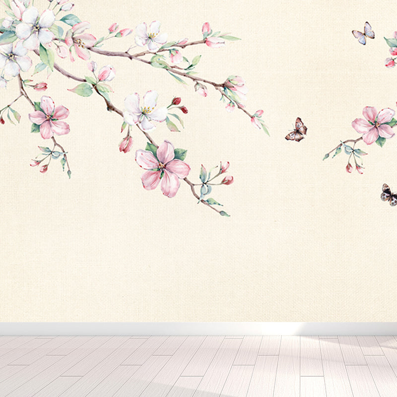 Hand Printed Peach Blossom Mural Wallpaper Modern Non-Woven Wall Covering in Pink