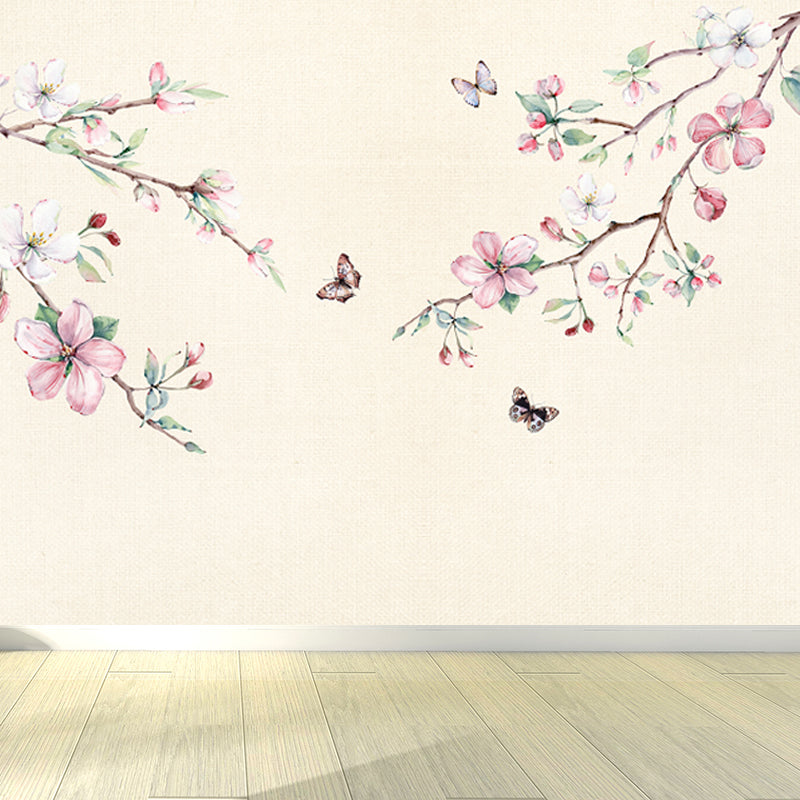 Hand Printed Peach Blossom Mural Wallpaper Modern Non-Woven Wall Covering in Pink