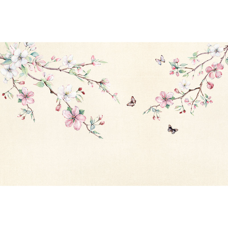 Hand Printed Peach Blossom Mural Wallpaper Modern Non-Woven Wall Covering in Pink