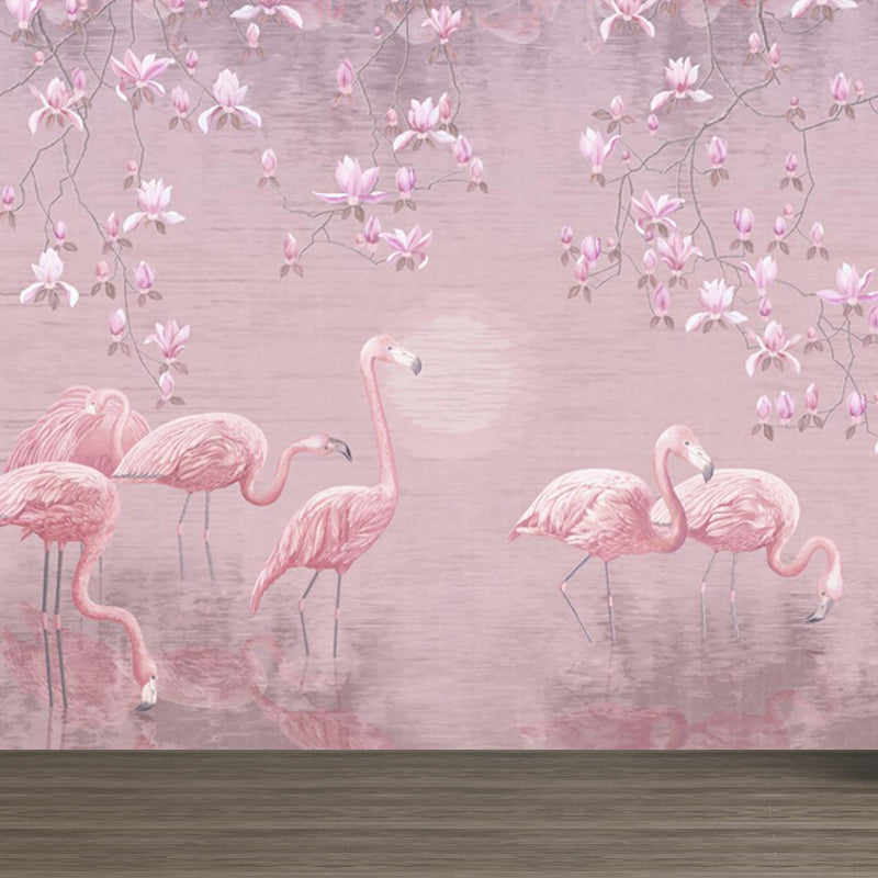 Lotus Pond Flamingo Wall Mural Tropical Non-Woven Material Wall Decor for Bedroom