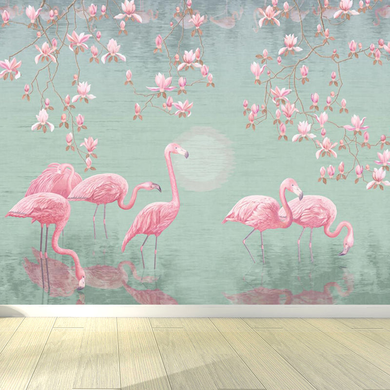 Lotus Pond Flamingo Wall Mural Tropical Non-Woven Material Wall Decor for Bedroom