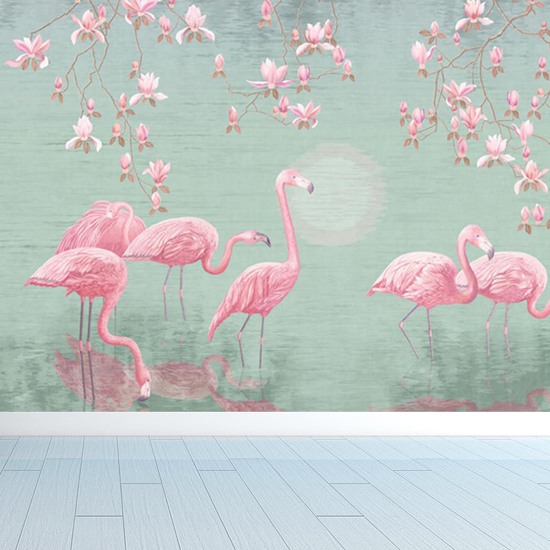 Lotus Pond Flamingo Wall Mural Tropical Non-Woven Material Wall Decor for Bedroom