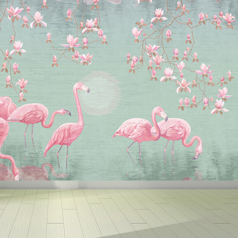 Lotus Pond Flamingo Wall Mural Tropical Non-Woven Material Wall Decor for Bedroom