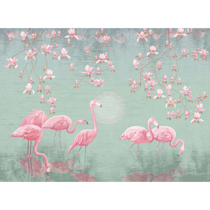 Lotus Pond Flamingo Wall Mural Tropical Non-Woven Material Wall Decor for Bedroom