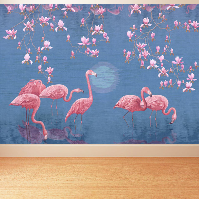 Lotus Pond Flamingo Wall Mural Tropical Non-Woven Material Wall Decor for Bedroom