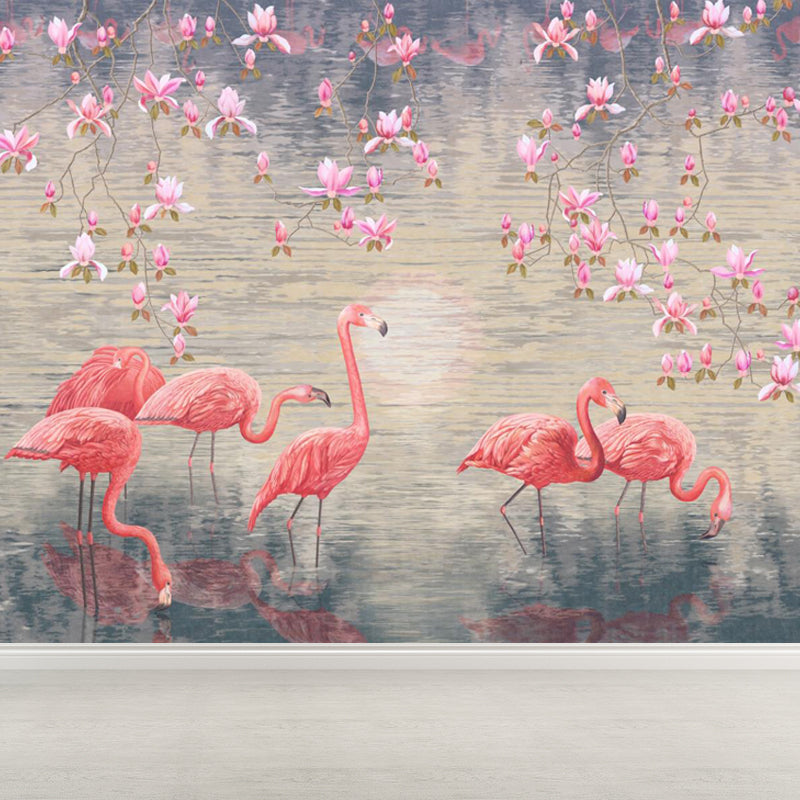 Lotus Pond Flamingo Wall Mural Tropical Non-Woven Material Wall Decor for Bedroom