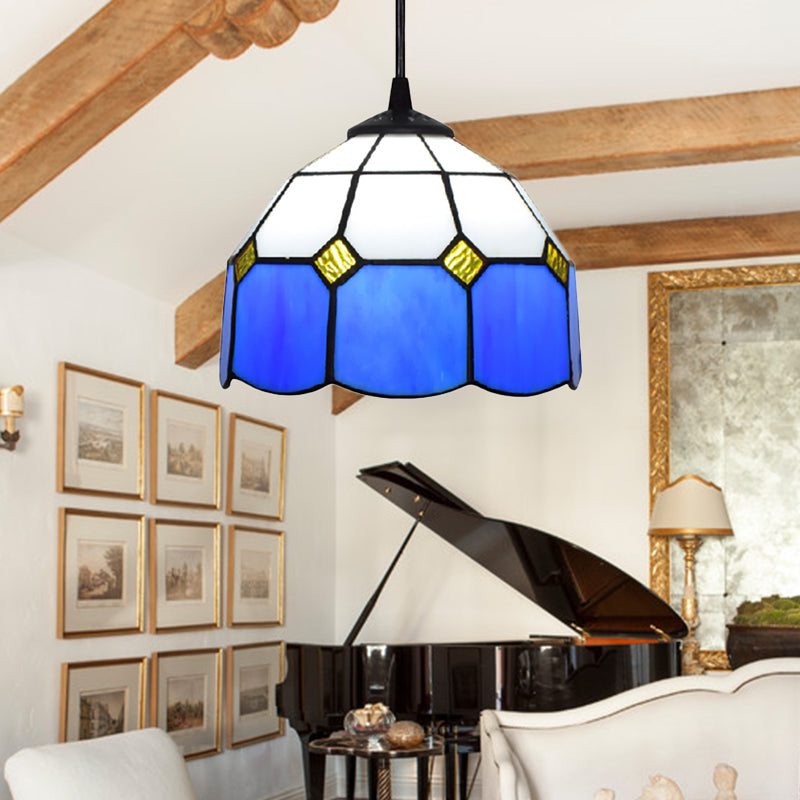 Tiffany-Style Bowl Pendulum Light 1 Head Handcrafted Art Glass Suspension Lamp in Green/Light Blue/Dark Blue for Living Room