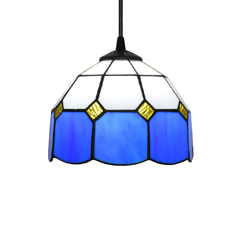 Tiffany-Style Bowl Pendulum Light 1 Head Handcrafted Art Glass Suspension Lamp in Green/Light Blue/Dark Blue for Living Room