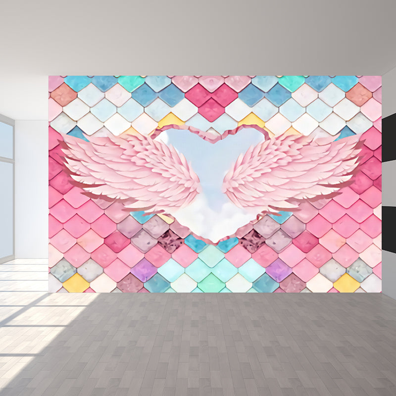 Pink Feather Wall Mural Wings with Fishscale Tile Modern Stain Resistant Wall Covering