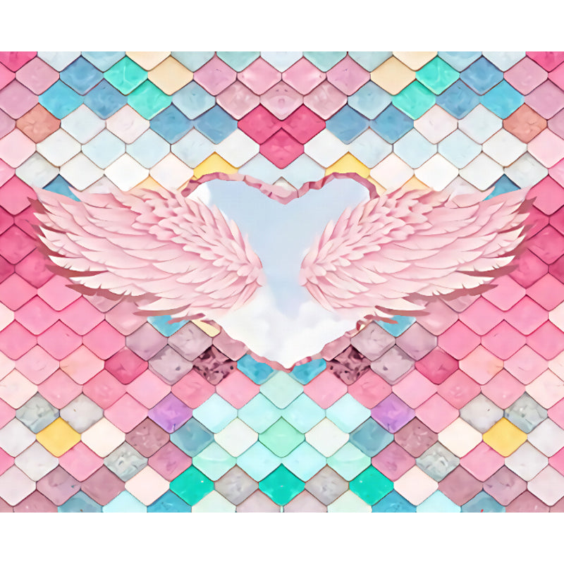 Pink Feather Wall Mural Wings with Fishscale Tile Modern Stain Resistant Wall Covering