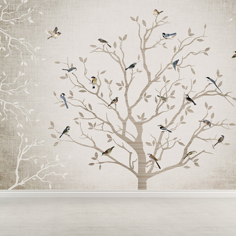 Non-Woven Whole Grey Mural Modern Bare Tree with Birds Wall Covering, Made to Measure