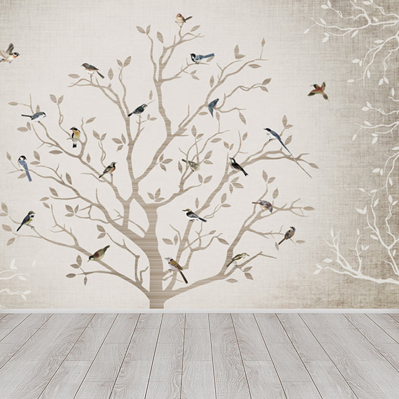 Non-Woven Whole Grey Mural Modern Bare Tree with Birds Wall Covering, Made to Measure