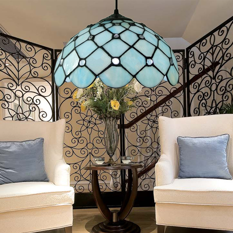 Jewel Hanging Light Fixture Mediterranean Blue Glass 1 Light Suspension Pendant with Cord/Chain for Kitchen Island