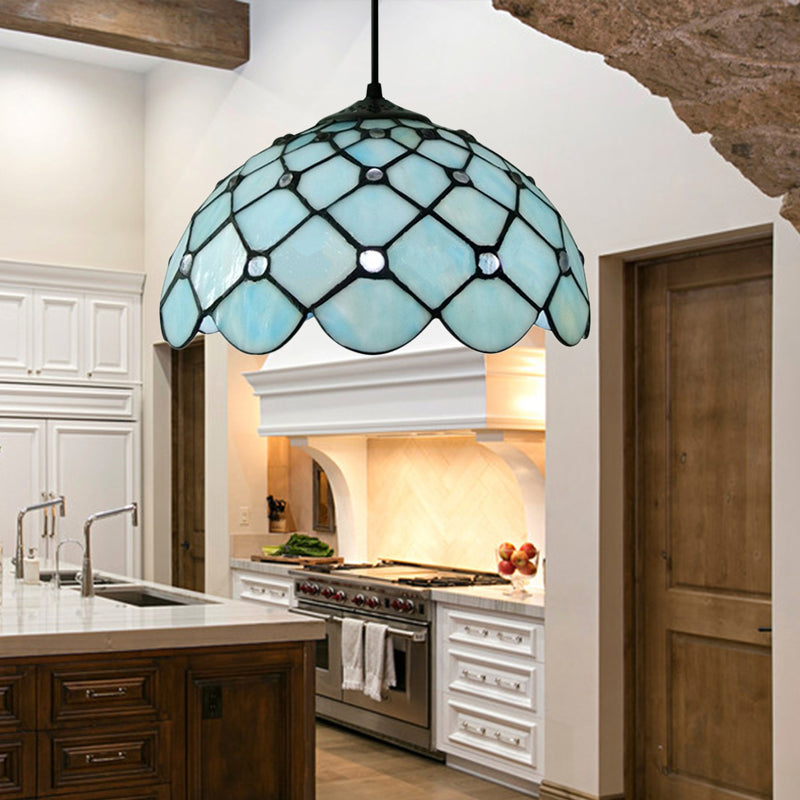 Jewel Hanging Light Fixture Mediterranean Blue Glass 1 Light Suspension Pendant with Cord/Chain for Kitchen Island