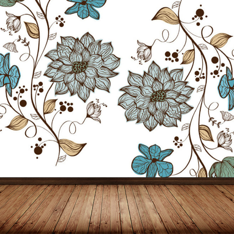 Contemporary Floral Print Mural Decal Blue Dining Room Wall Covering, Personalized