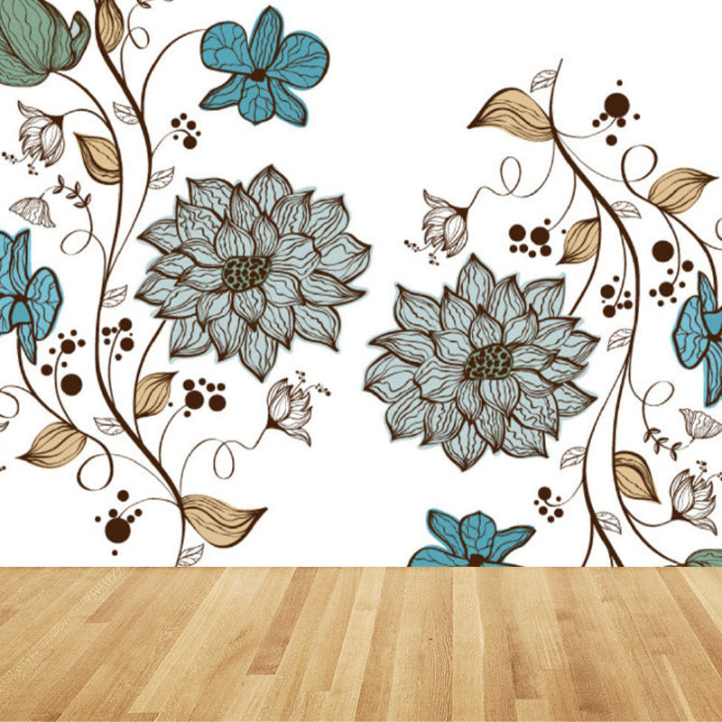 Contemporary Floral Print Mural Decal Blue Dining Room Wall Covering, Personalized