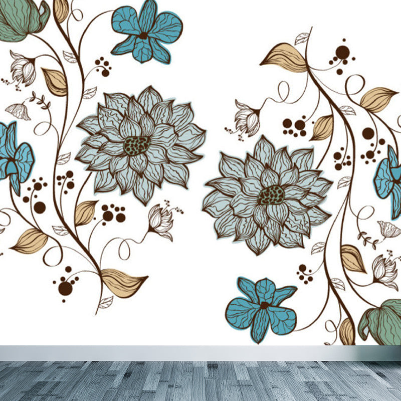 Contemporary Floral Print Mural Decal Blue Dining Room Wall Covering, Personalized