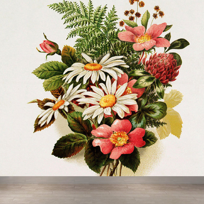 Green Modern Mural Wallpaper Huge Pretty Flower Bouquet Wall Decor for Dining Room