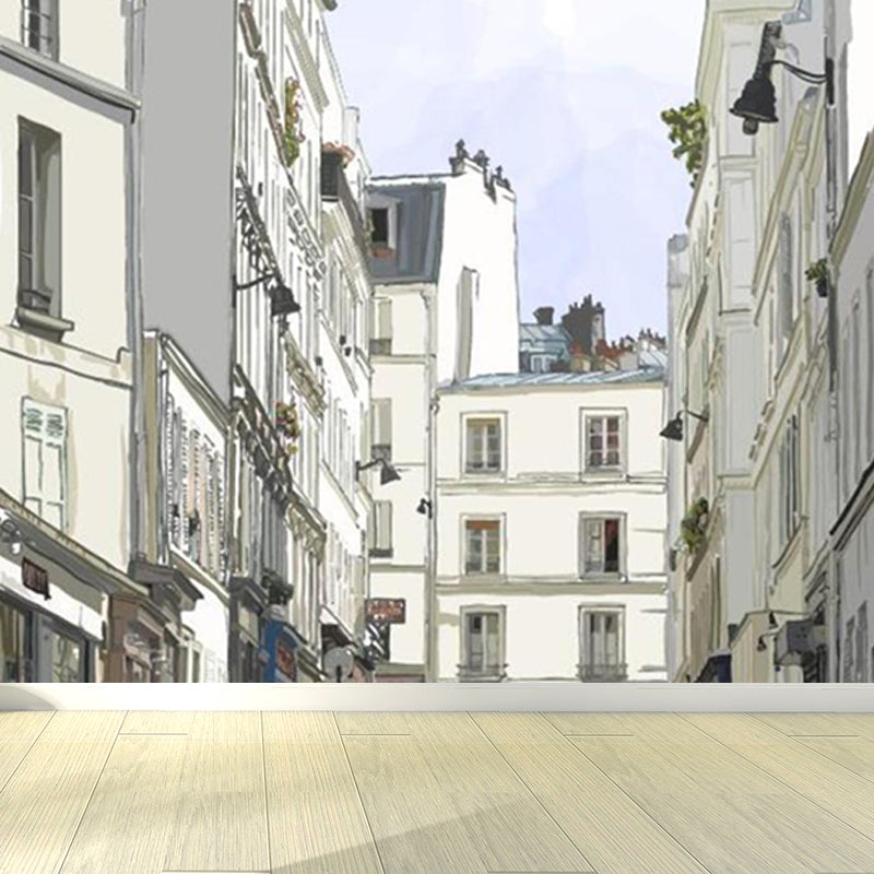 Modern City Street View Mural Non-Woven Waterproofing White Wall Decor for Bedroom