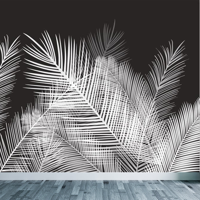 Areca Palm Leaves Mural Decal Tropix Non-Woven Cloth Wall Decor in White on Black