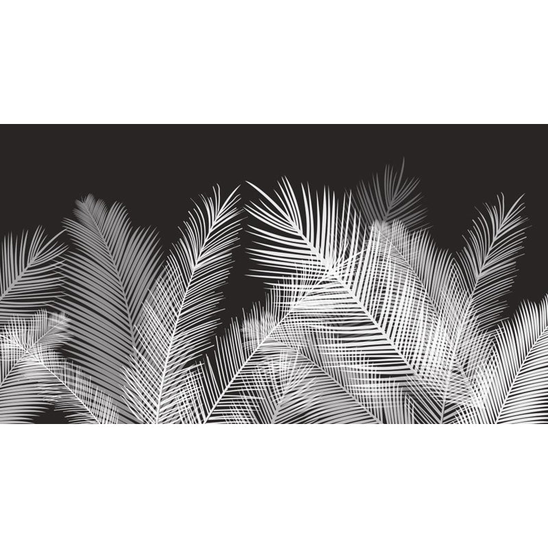 Areca Palm Leaves Mural Decal Tropix Non-Woven Cloth Wall Decor in White on Black