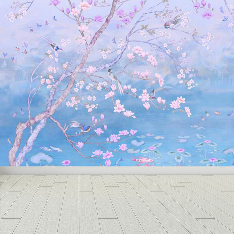 Spring Blossom Lotus Pond Mural Contemporary Waterproof Bedroom Wall Covering, Custom Made