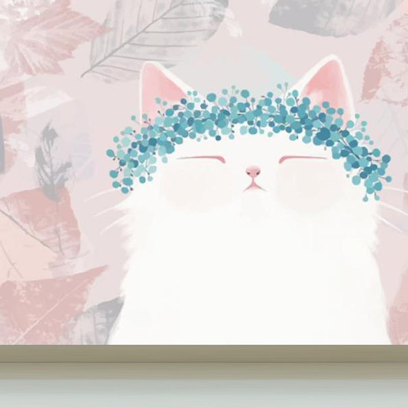 Kawaii Kitten with Wreath Mural for Girls Bedroom Animal Wall Covering, Customized
