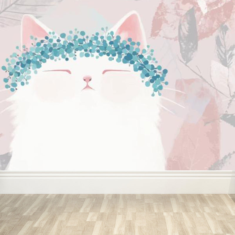 Kawaii Kitten with Wreath Mural for Girls Bedroom Animal Wall Covering, Customized