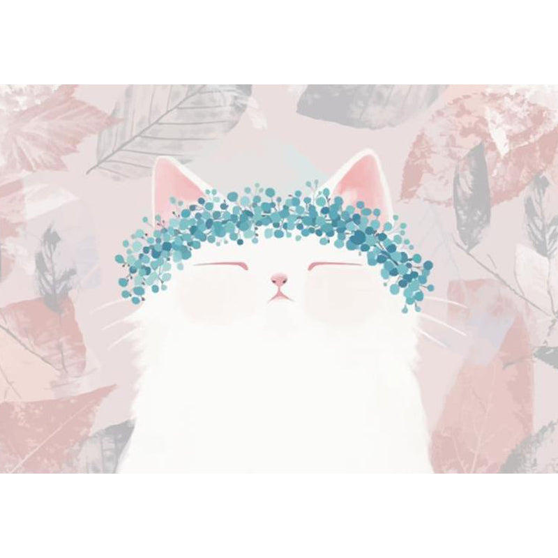 Kawaii Kitten with Wreath Mural for Girls Bedroom Animal Wall Covering, Customized