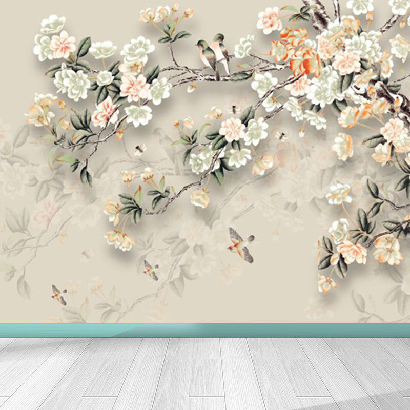 Blossoming Flower Branch Mural Decal Beige Modern Style Wall Art for Girls Bedroom