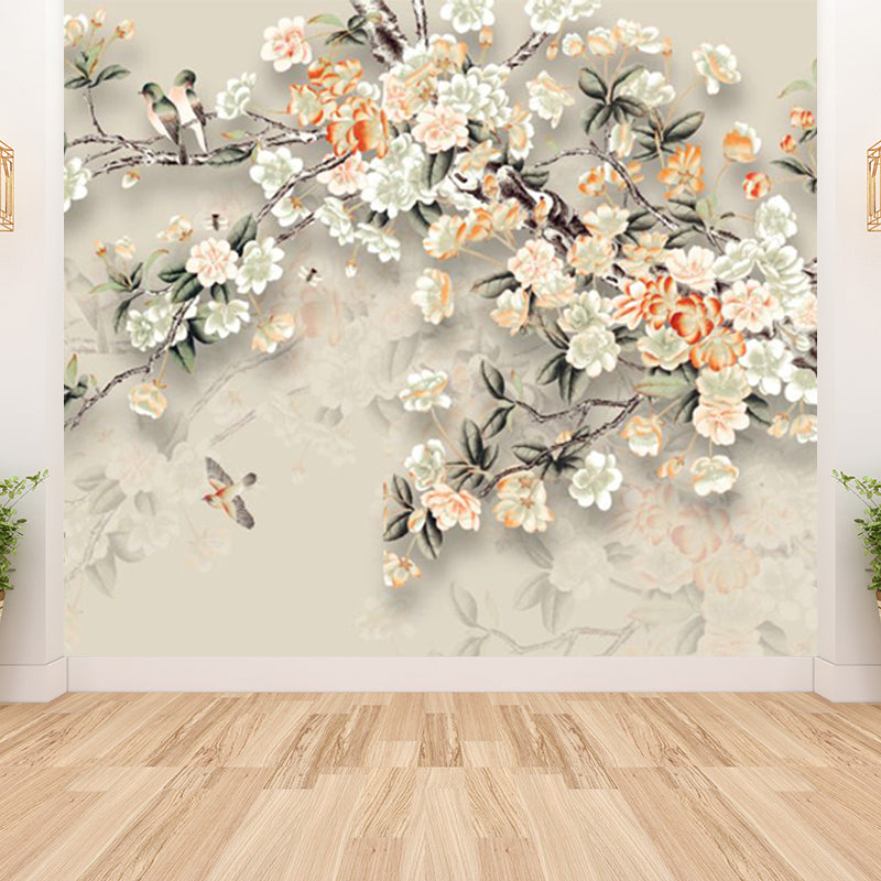 Blossoming Flower Branch Mural Decal Beige Modern Style Wall Art for Girls Bedroom