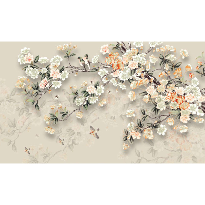 Blossoming Flower Branch Mural Decal Beige Modern Style Wall Art for Girls Bedroom