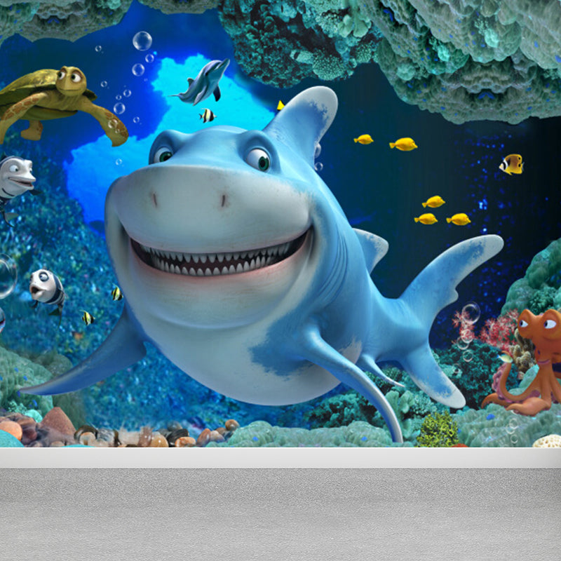 Undersea World Scene Mural Decal Children's Art Non-Woven Textured Wall Decor in Blue