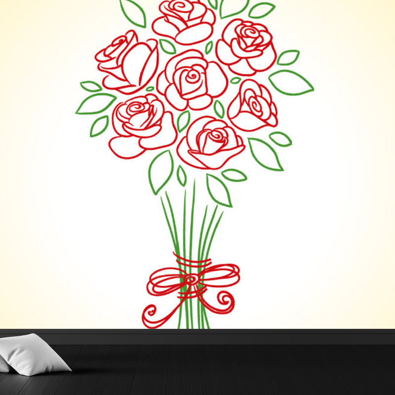 Red Rose Blossom Mural Decal Moisture Resistant Contemporary Bathroom Wall Covering