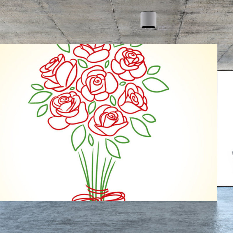 Red Rose Blossom Mural Decal Moisture Resistant Contemporary Bathroom Wall Covering