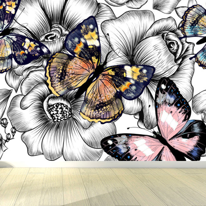 Dancing Butterflies and Flowers Mural Wallpaper for Living Room Summer Wall Art, Custom