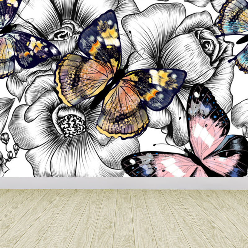 Dancing Butterflies and Flowers Mural Wallpaper for Living Room Summer Wall Art, Custom