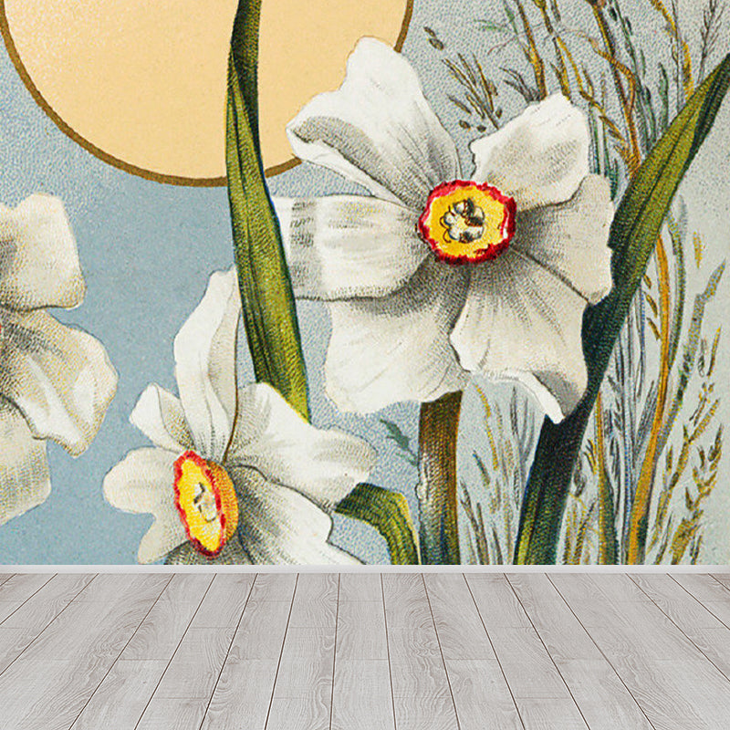 White Blossom and Sun Mural Wallpaper Florentine Contemporary Stain-Proof Wall Art