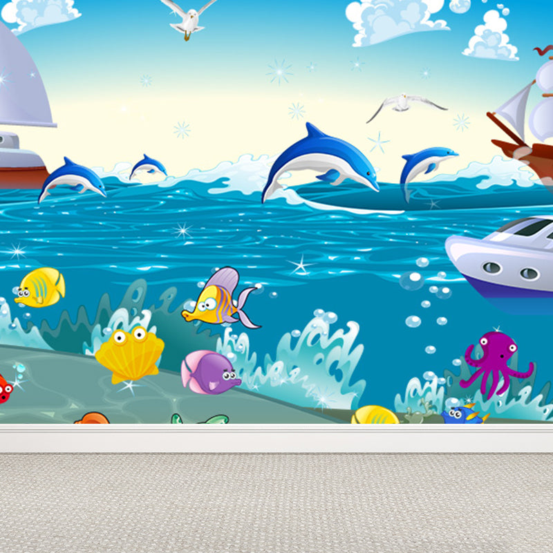 Blue Ocean Animals Wall Mural Nautical Cartoon Waterproofing Wall Art for Baby Room