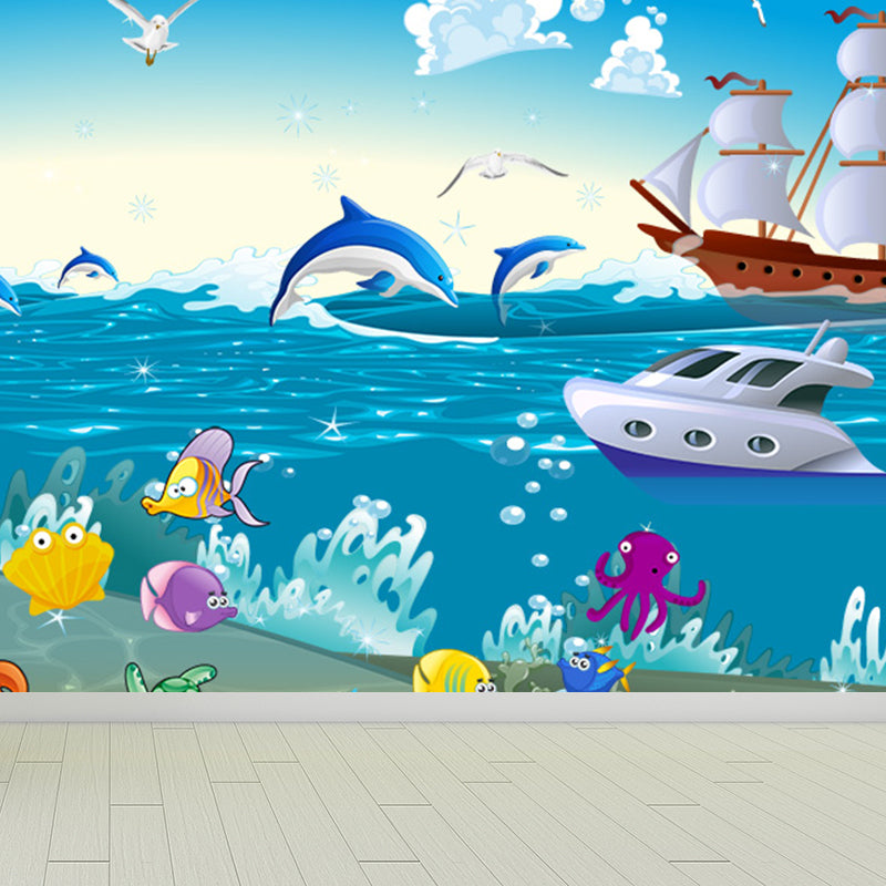 Blue Ocean Animals Wall Mural Nautical Cartoon Waterproofing Wall Art for Baby Room