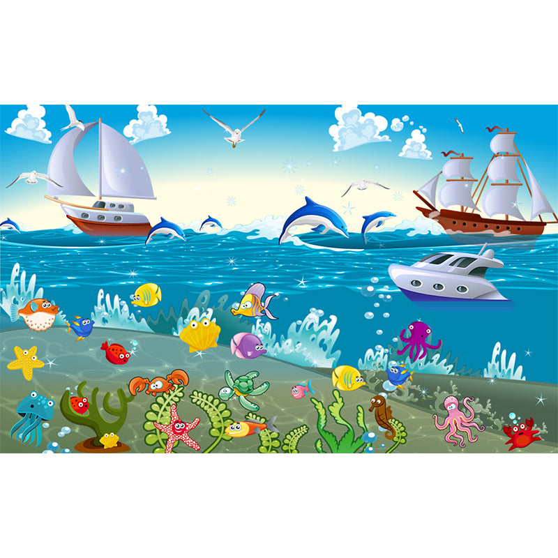 Blue Ocean Animals Wall Mural Nautical Cartoon Waterproofing Wall Art for Baby Room