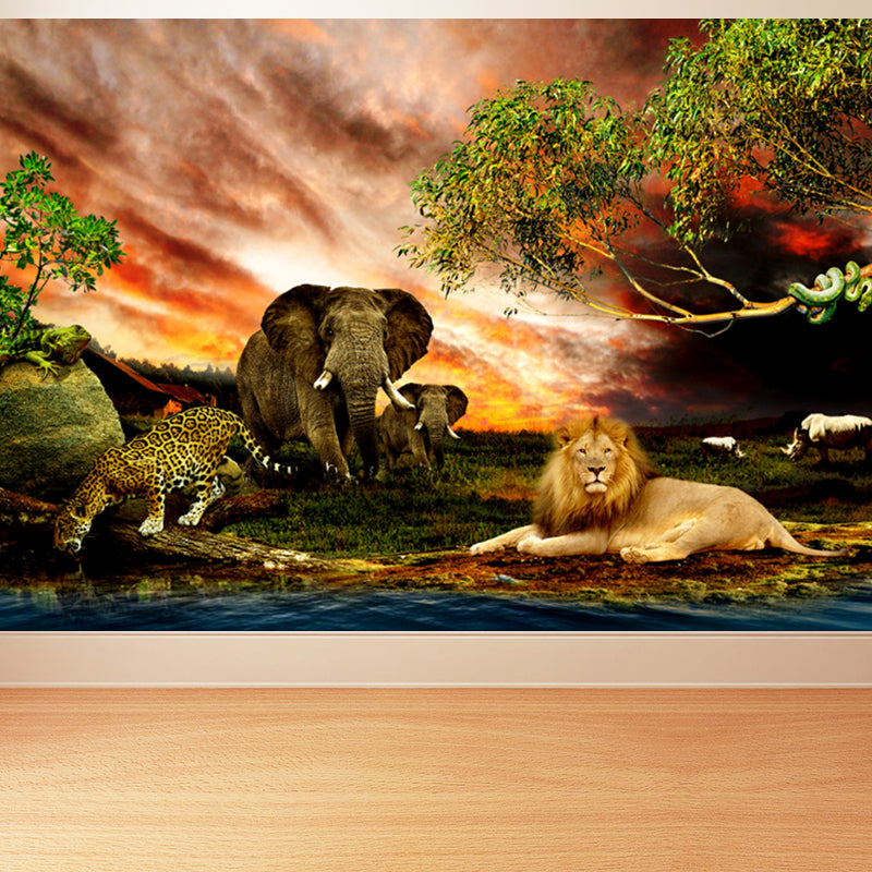 Tropics Riverside Savanna Animals Mural Brown Sunset Glow Wall Art for Living Room